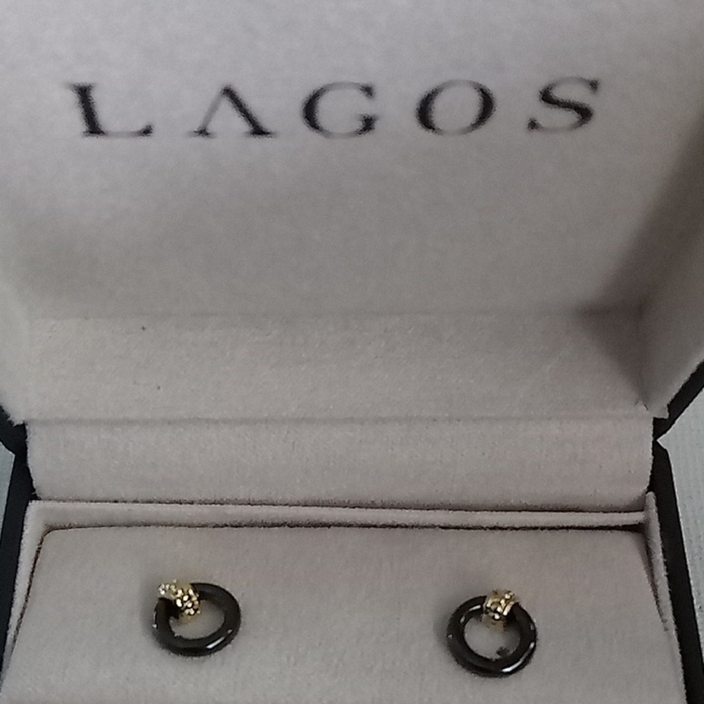 Lagos Sterling Silver 18k Gold Black Caviar Ceramic 10mm Circle Drop Earrings